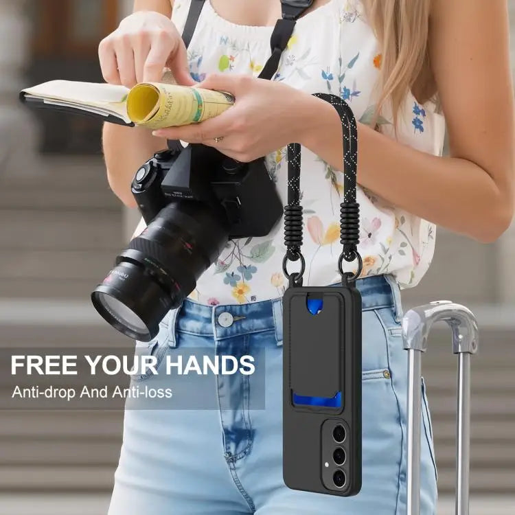 Voor Samsung Galaxy S24+ 5G Geïntegreerde Kaarthouder Effen Kleur Vloeibare Siliconen Telefoonhoes Gen2 met Korte Lanyard (Zwart)