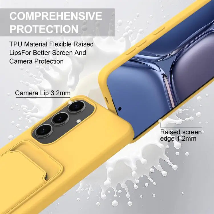 Voor Samsung Galaxy S24+ 5G Geïntegreerde Kaarthouder Effen Kleur Vloeibare Siliconen Telefoonhoes Gen2 met Korte Lanyard (Geel)