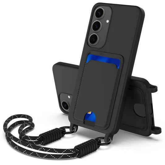Voor Samsung Galaxy S24+ 5G Geïntegreerde Kaarthouder Effen Kleur Vloeibare Siliconen Telefoonhoes Gen2 met Korte Lanyard (Zwart)