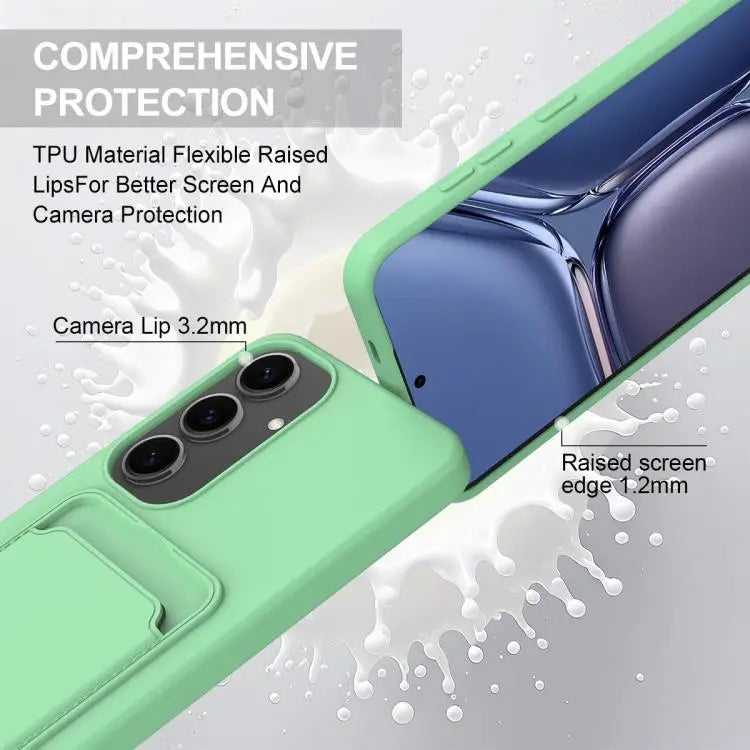 Voor Samsung Galaxy S25+ 5G Geïntegreerde Kaarthouder Effen Kleur Vloeibare Siliconen Telefoonhoes Gen2 met Korte Lanyard (Groen)