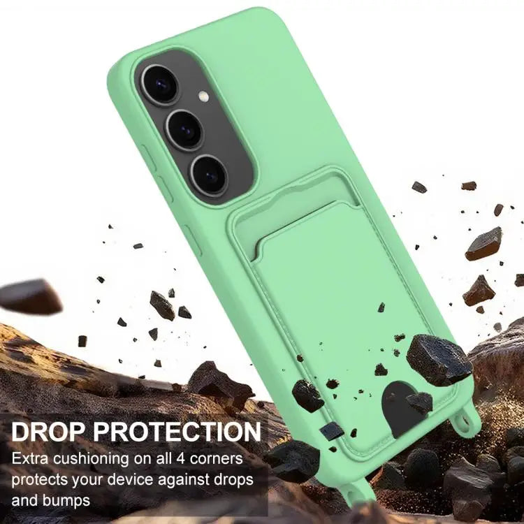 Voor Samsung Galaxy S25+ 5G Geïntegreerde Kaarthouder Effen Kleur Vloeibare Siliconen Telefoonhoes Gen2 met Korte Lanyard (Groen)