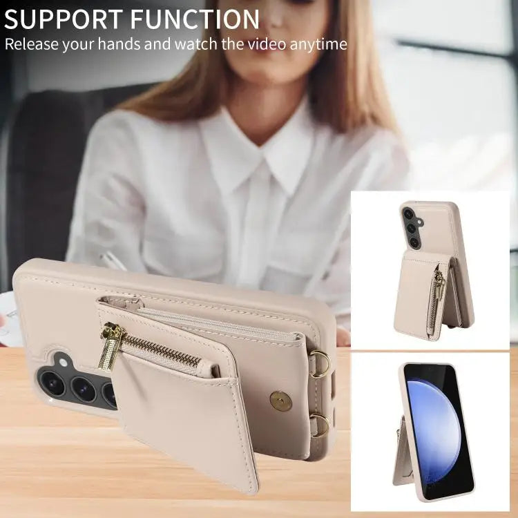 Voor Samsung Galaxy S25 FE 5G Crossbody Lanyard Rits Portemonnee Leren Telefoonhoesje (Beige)