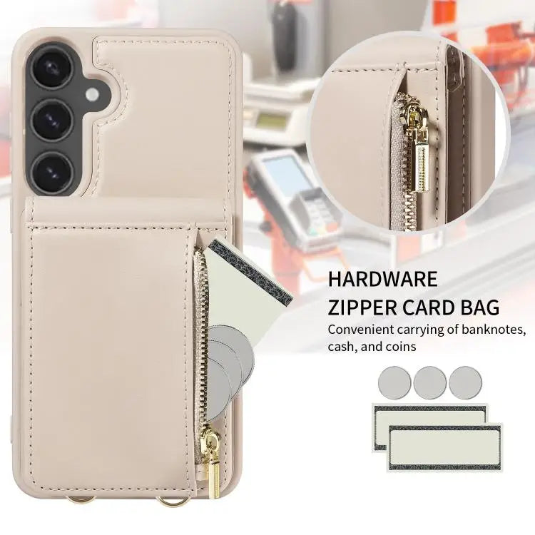 Voor Samsung Galaxy S25 FE 5G Crossbody Lanyard Rits Portemonnee Leren Telefoonhoesje (Beige)