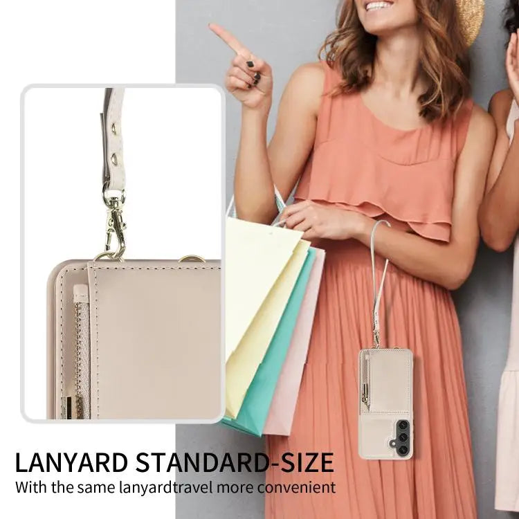 Voor Samsung Galaxy S25 FE 5G Crossbody Lanyard Rits Portemonnee Leren Telefoonhoesje (Beige)