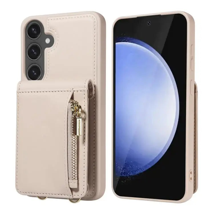 Voor Samsung Galaxy S25 FE 5G Crossbody Lanyard Rits Portemonnee Leren Telefoonhoesje (Beige)