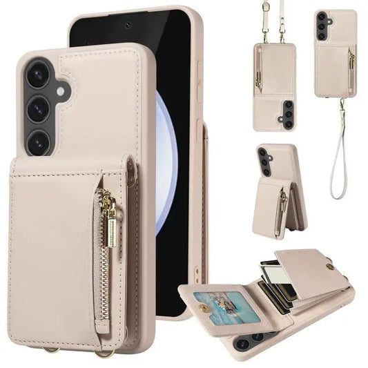 Voor Samsung Galaxy S25 FE 5G Crossbody Lanyard Rits Portemonnee Leren Telefoonhoesje (Beige)