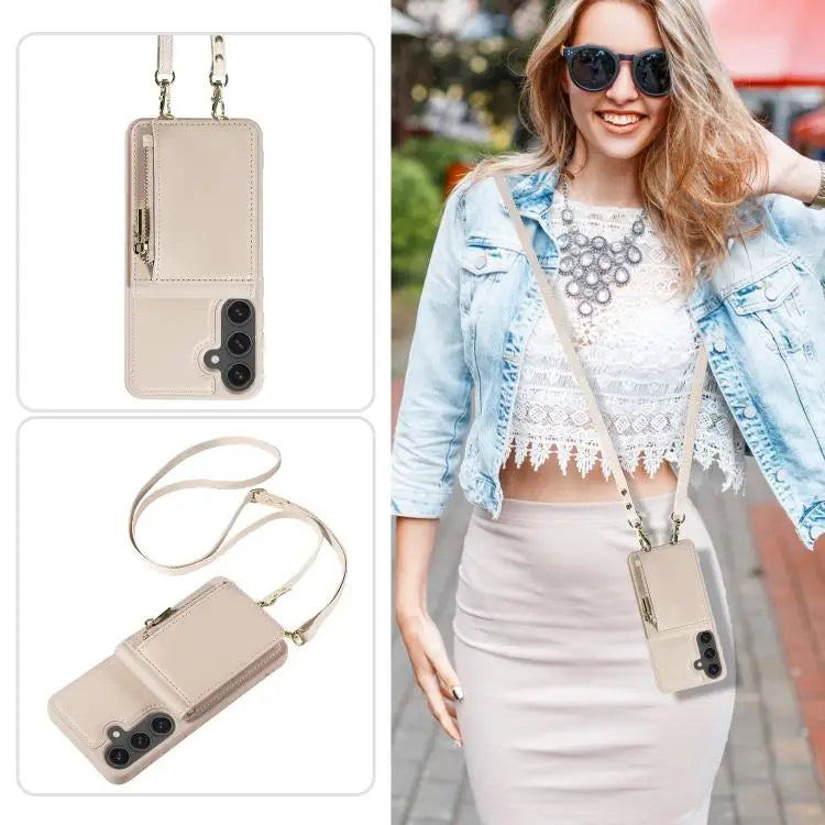 Voor Samsung Galaxy S25 FE 5G Crossbody Lanyard Rits Portemonnee Leren Telefoonhoesje (Beige)