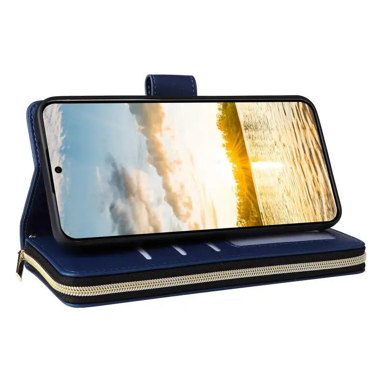 Voor Samsung Galaxy S25 FE 5G, portemonnee met negen kaartsleuven, leren telefoonhoesje met rits (blauw)