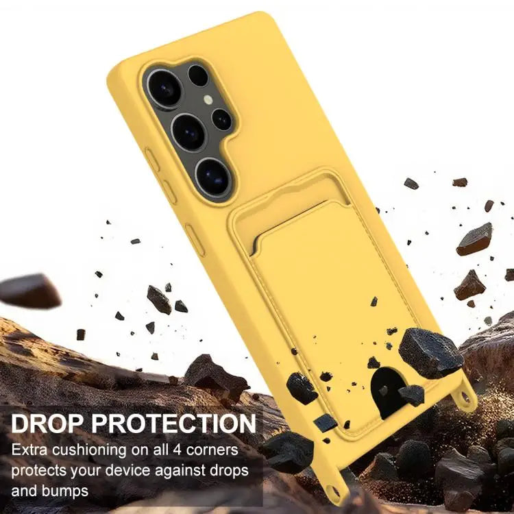 Voor Samsung Galaxy S25 Ultra 5G Geïntegreerde Kaarthouder Effen Kleur Vloeibare Siliconen Telefoonhoes Gen2 met Korte Lanyard (Geel)