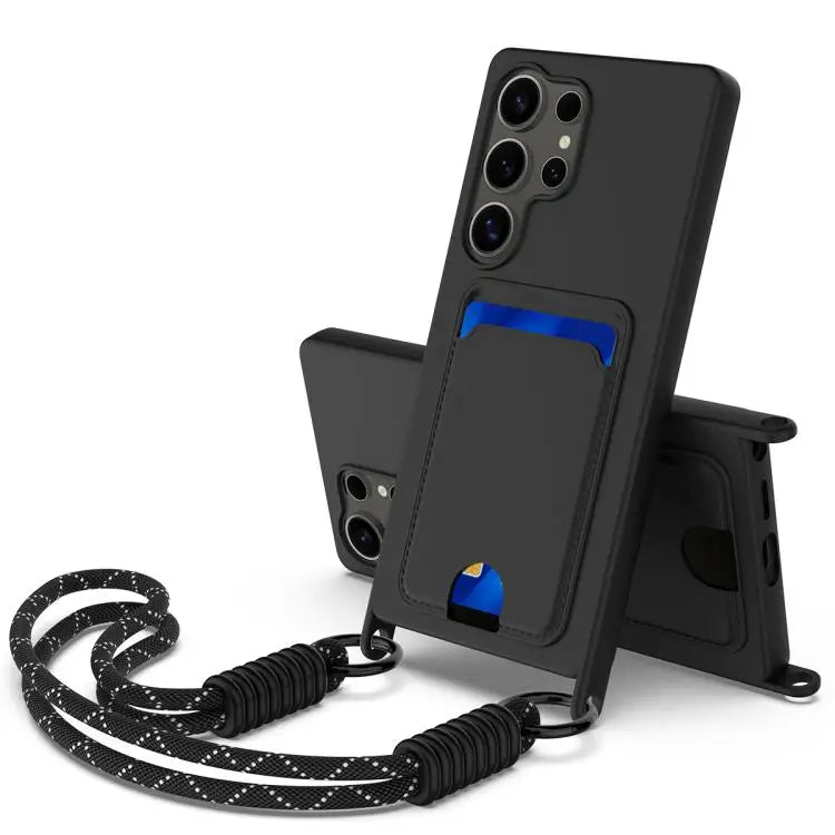 Voor Samsung Galaxy S25 Ultra 5G Geïntegreerde Kaarthouder Effen Kleur Vloeibare Siliconen Telefoonhoes Gen2 met Korte Lanyard (Zwart)