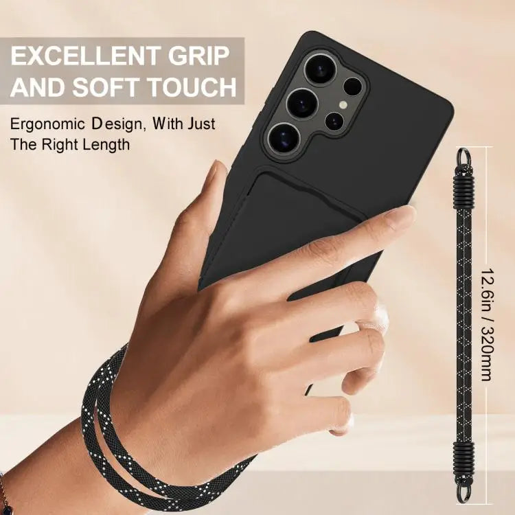 Voor Samsung Galaxy S25 Ultra 5G Geïntegreerde Kaarthouder Effen Kleur Vloeibare Siliconen Telefoonhoes Gen2 met Korte Lanyard (Zwart)
