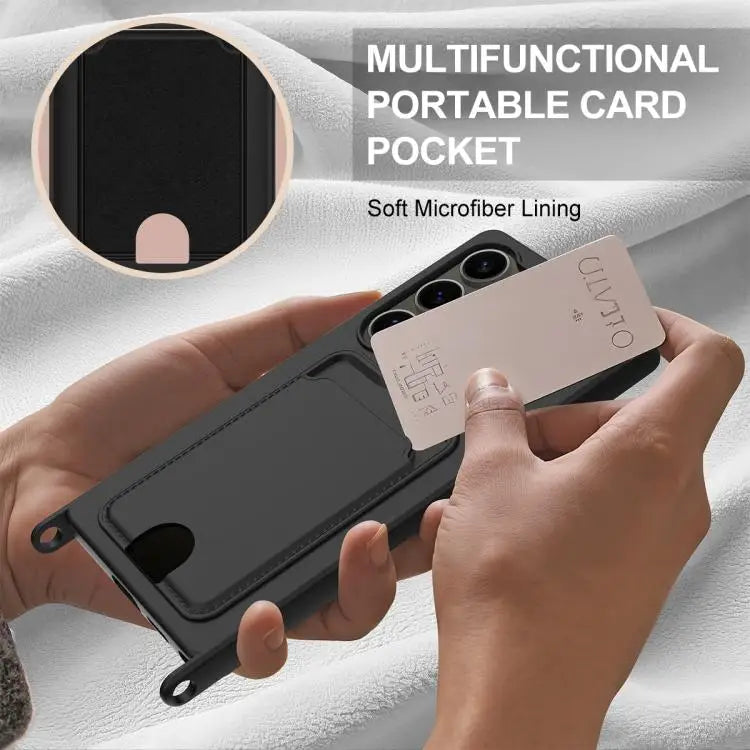 Voor Samsung Galaxy S25 Ultra 5G Geïntegreerde Kaarthouder Effen Kleur Vloeibare Siliconen Telefoonhoes Gen2 met Korte Lanyard (Zwart)