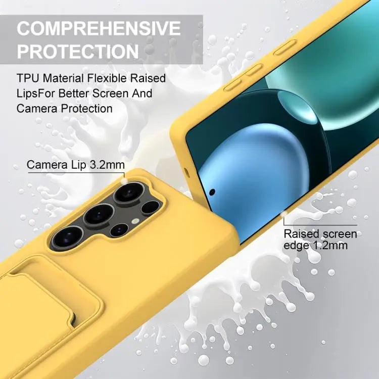 Voor Samsung Galaxy S25 Ultra 5G Geïntegreerde Kaarthouder Effen Kleur Vloeibare Siliconen Telefoonhoes Gen2 met Korte Lanyard (Geel)