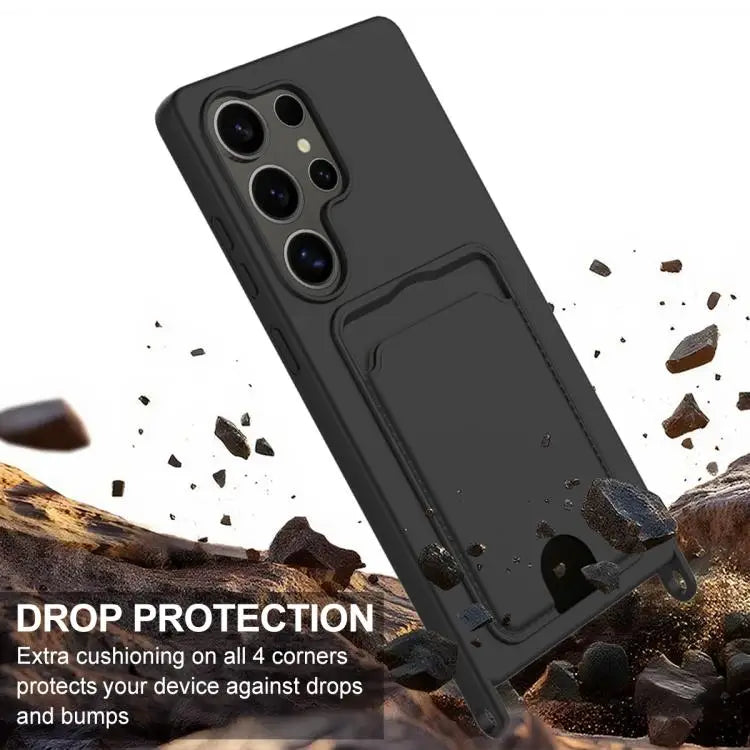 Voor Samsung Galaxy S25 Ultra 5G Geïntegreerde Kaarthouder Effen Kleur Vloeibare Siliconen Telefoonhoes Gen2 met Korte Lanyard (Zwart)