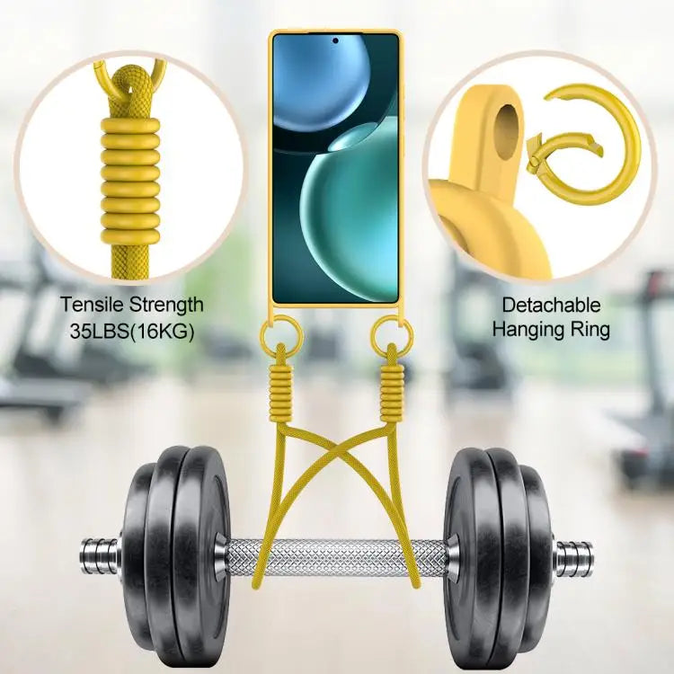 Voor Samsung Galaxy S25 Ultra 5G Geïntegreerde Kaarthouder Effen Kleur Vloeibare Siliconen Telefoonhoes Gen2 met Korte Lanyard (Geel)