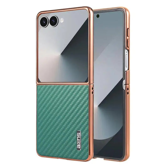 Voor Samsung Galaxy Z Flip7 5G AZNS gegalvaniseerde rand koolstofvezel textuur telefoonhoesje (groen)