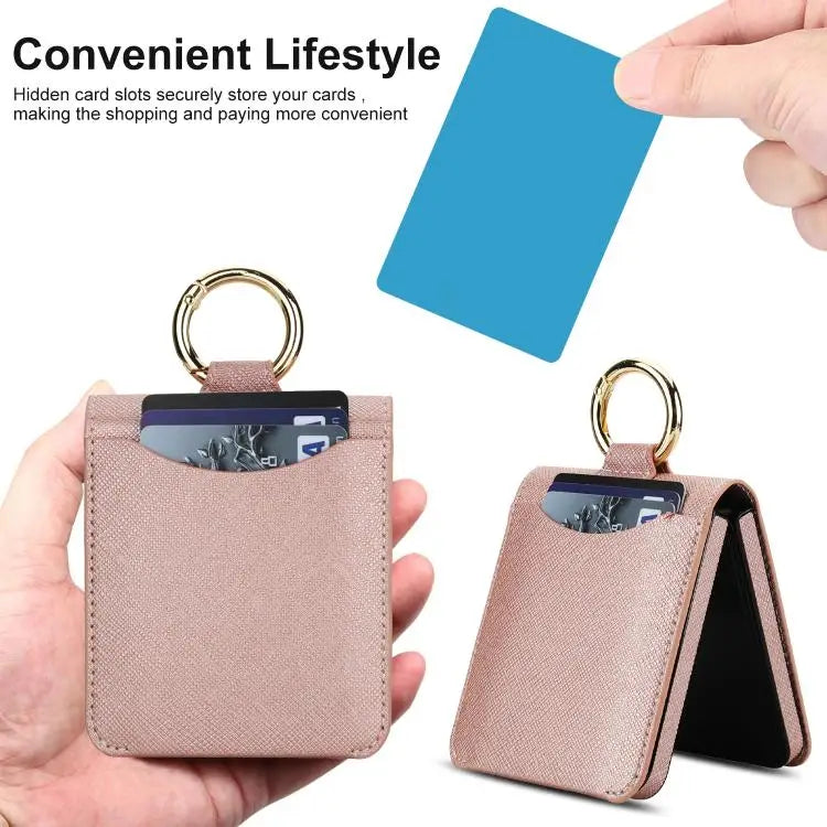 Voor Samsung Galaxy Z Flip7 5G Kruistextuur Ringontwerp Kaartsleuf Leren Telefoonhoesje (Roségoud)