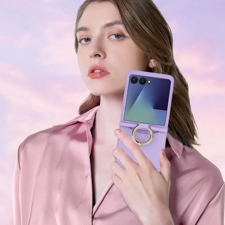 Voor Samsung Galaxy Z Flip7 5G Cross Texture Ring Design Kaartsleuf Leren Telefoonhoesje (Paars)