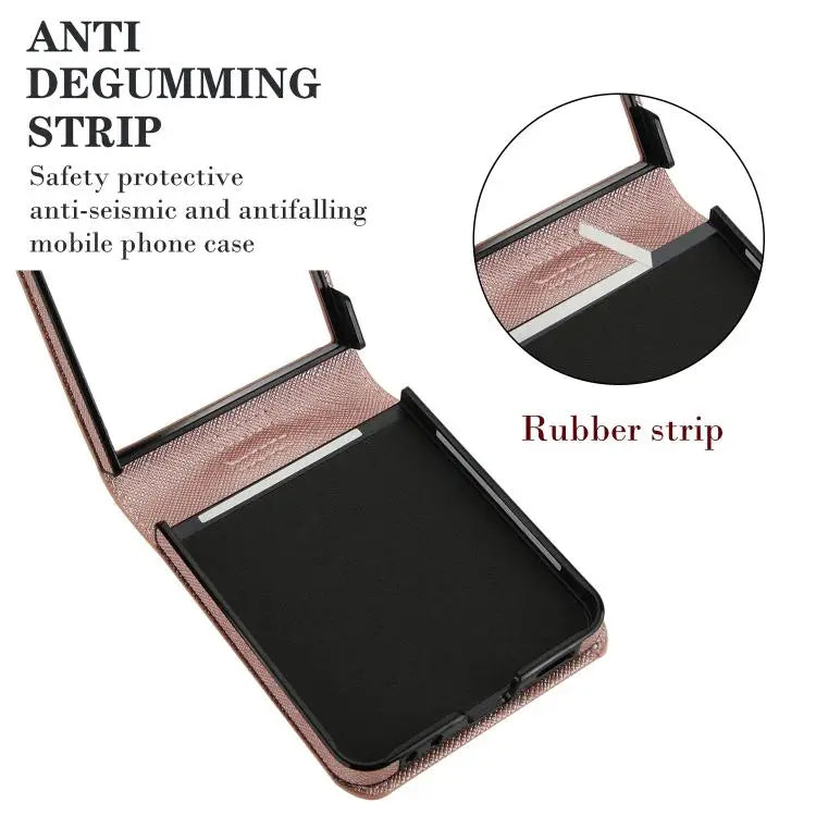 Voor Samsung Galaxy Z Flip7 5G Kruistextuur Ringontwerp Kaartsleuf Leren Telefoonhoesje (Roségoud)