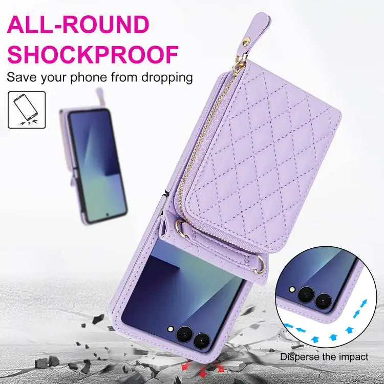 Voor Samsung Galaxy Z Flip7 5G Grote leren telefoonhoes met rits en kaartsleuf, met schouderband (paars)