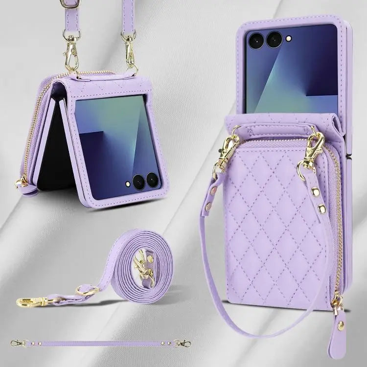 Voor Samsung Galaxy Z Flip7 5G Grote leren telefoonhoes met rits en kaartsleuf, met schouderband (paars)