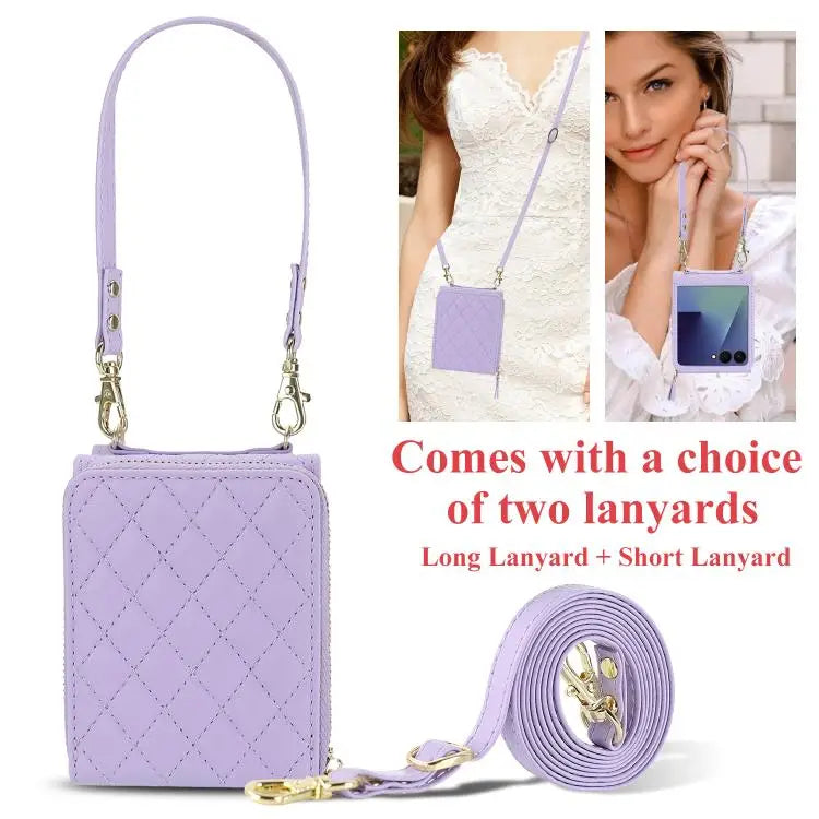 Voor Samsung Galaxy Z Flip7 5G Grote leren telefoonhoes met rits en kaartsleuf, met schouderband (paars)