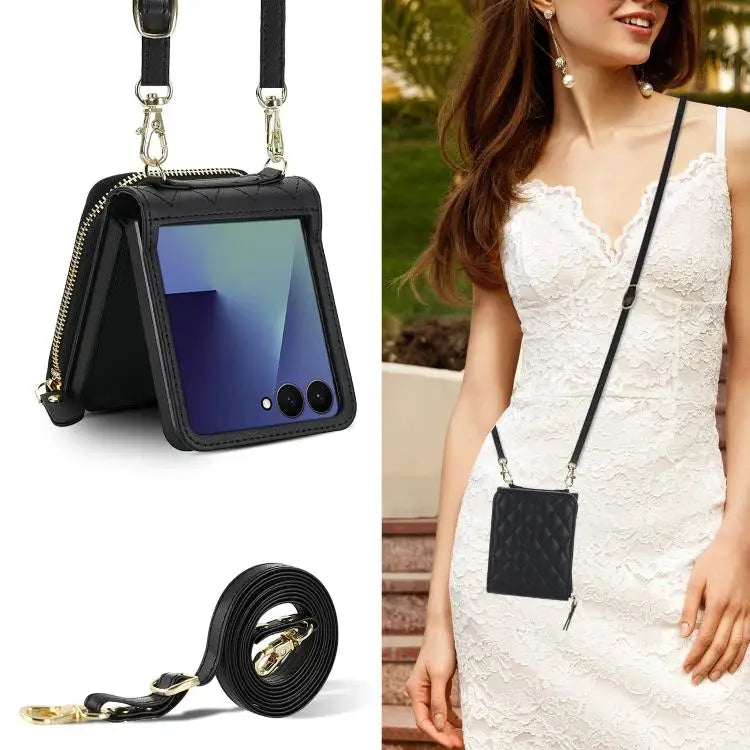 Voor Samsung Galaxy Z Flip7 5G Grote leren telefoonhoes met rits en kaartsleuf, met schouderband (zwart)