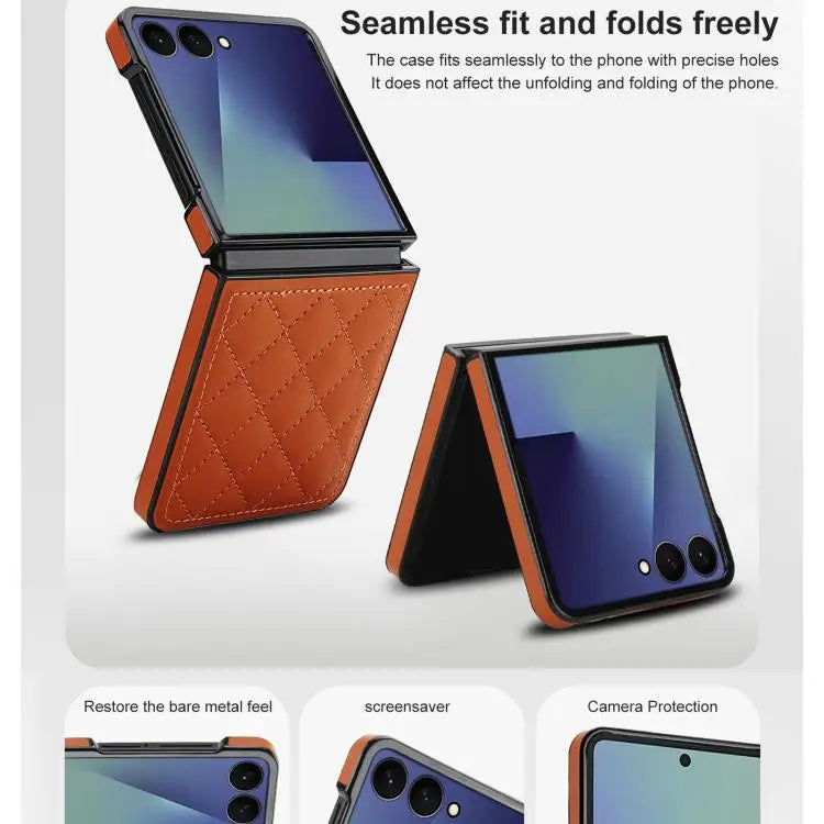 Voor Samsung Galaxy Z Flip7 5G Rhombic Fold leren telefoonhoesje (bruin)