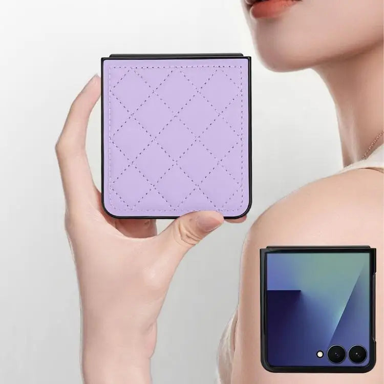 Voor Samsung Galaxy Z Flip7 5G Rhombic Fold leren telefoonhoesje (paars)