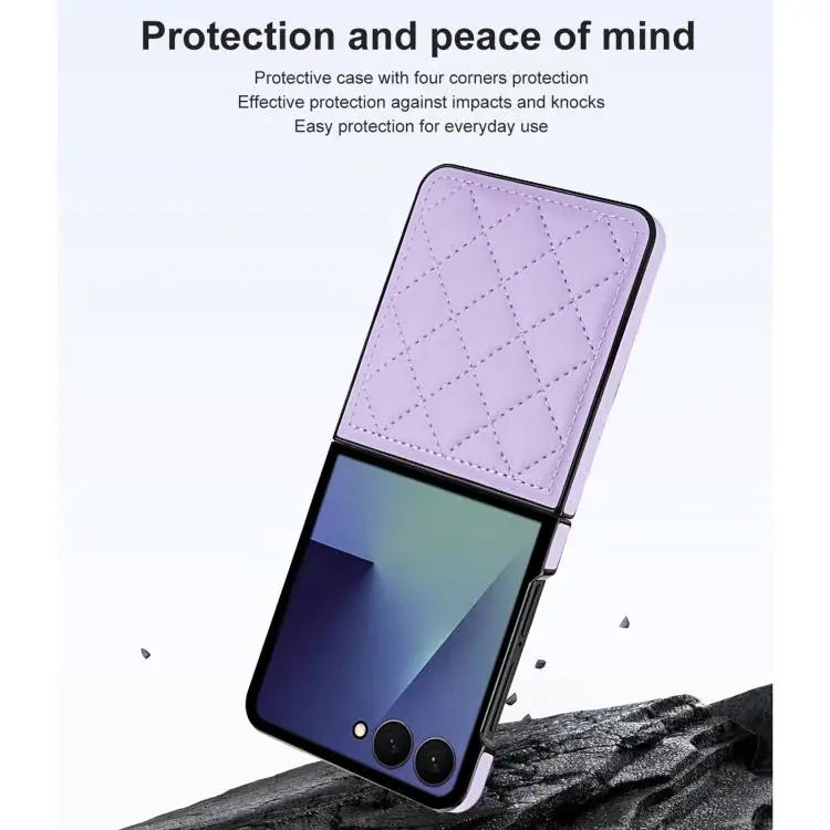 Voor Samsung Galaxy Z Flip7 5G Rhombic Fold leren telefoonhoesje (paars)