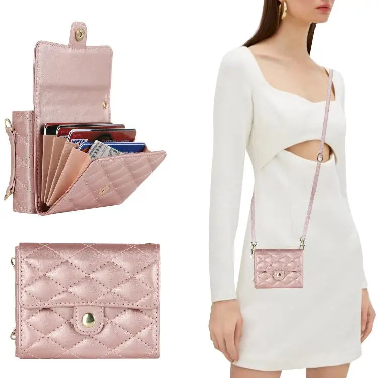 Voor Samsung Galaxy Z Flip7 5G Rhombic Texture Card Bag PU-telefoonhoesje met lange lanyard (roségoud)