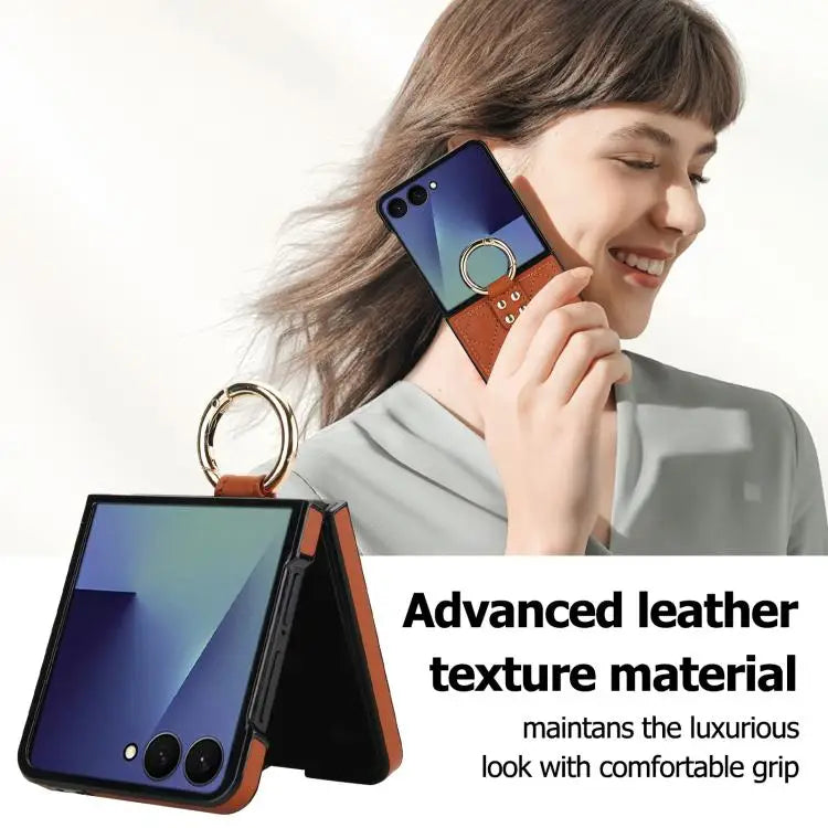 Voor Samsung Galaxy Z Flip7 5G Rhombic Texture Ring Holder PU-telefoonhoesje (bruin)