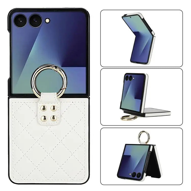 Voor Samsung Galaxy Z Flip7 5G Rhombic Texture Ring Holder PU-telefoonhoesje (wit)