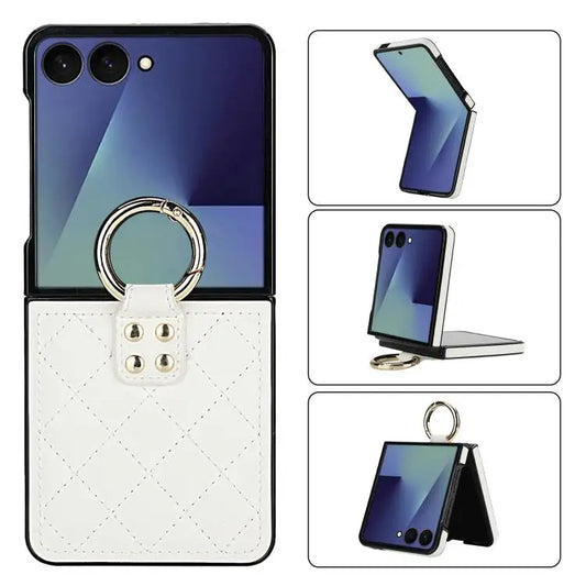 Voor Samsung Galaxy Z Flip7 5G Rhombic Texture Ring Holder PU-telefoonhoesje (wit)