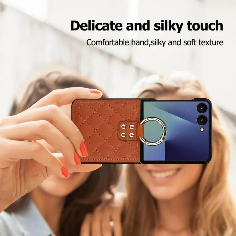 Voor Samsung Galaxy Z Flip7 5G Rhombic Texture Ring Holder PU-telefoonhoesje (bruin)
