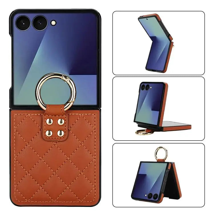 Voor Samsung Galaxy Z Flip7 5G Rhombic Texture Ring Holder PU-telefoonhoesje (bruin)
