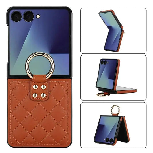 Voor Samsung Galaxy Z Flip7 5G Rhombic Texture Ring Holder PU-telefoonhoesje (bruin)