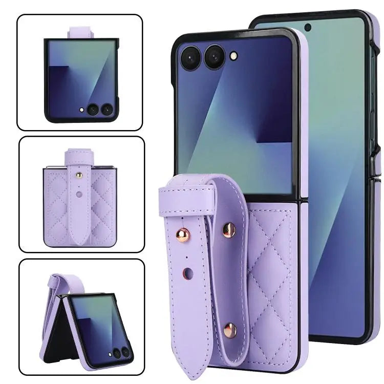 Voor Samsung Galaxy Z Flip7 5G Rhombic Texture Wristband PU-telefoonhoesje (paars)