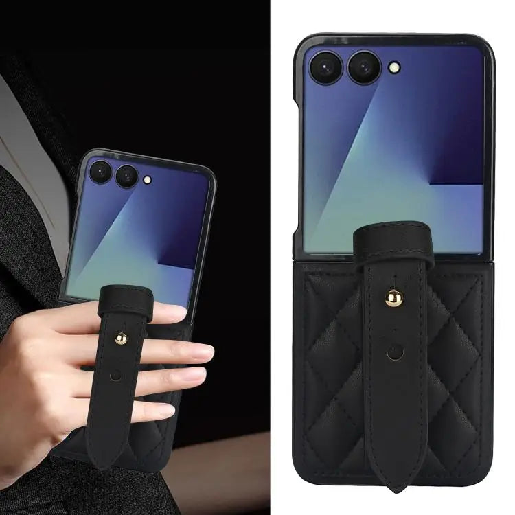 Voor Samsung Galaxy Z Flip7 5G Rhombic Texture Wristband PU-telefoonhoesje (zwart)