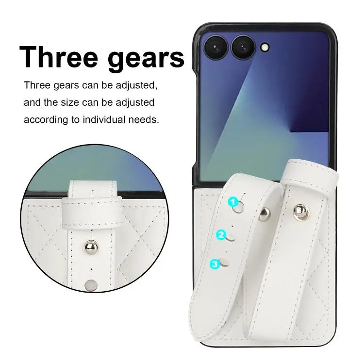 Voor Samsung Galaxy Z Flip7 5G Rhombic Texture Wristband PU-telefoonhoesje (wit)