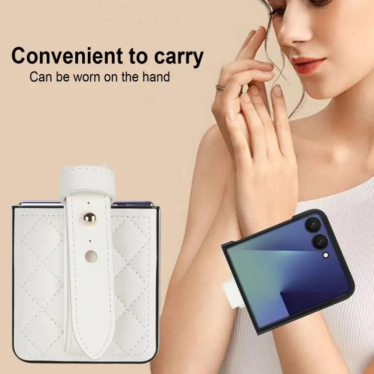 Voor Samsung Galaxy Z Flip7 5G Rhombic Texture Wristband PU-telefoonhoesje (wit)