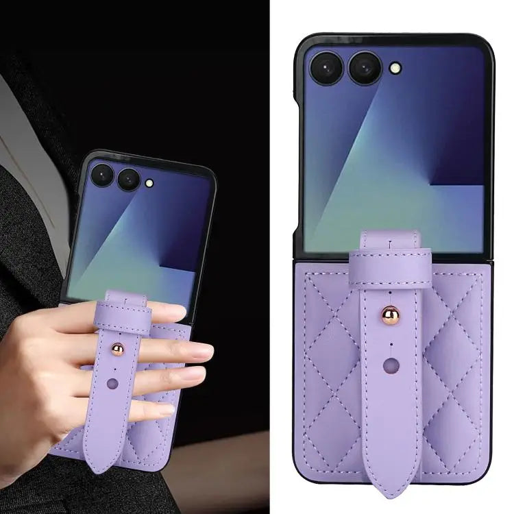 Voor Samsung Galaxy Z Flip7 5G Rhombic Texture Wristband PU-telefoonhoesje (paars)