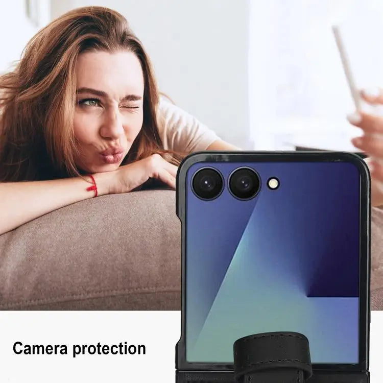 Voor Samsung Galaxy Z Flip7 5G Rhombic Texture Wristband PU-telefoonhoesje (zwart)