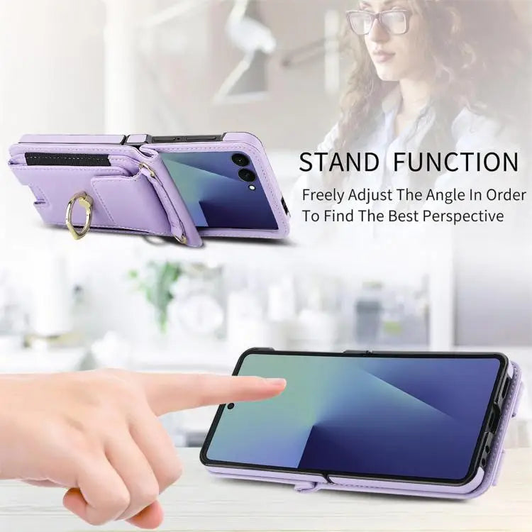 Voor Samsung Galaxy Z Flip7 5G Ringhouder Portemonnee Kaarthouder Leren Telefoonhoesje (Lichtpaars)