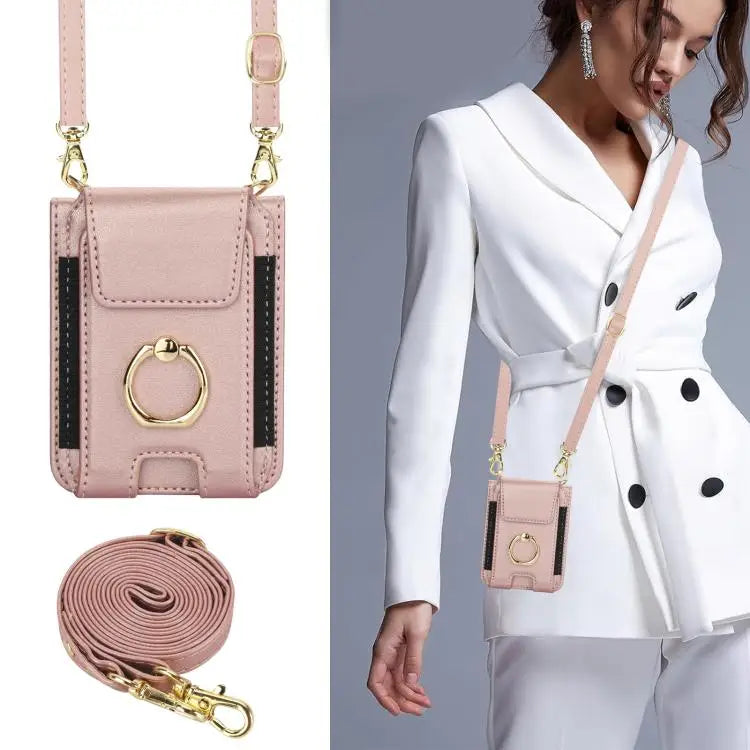 Voor Samsung Galaxy Z Flip7 5G Ringhouder Portemonnee Kaarthouder Leren Telefoonhoesje (Roségoud)