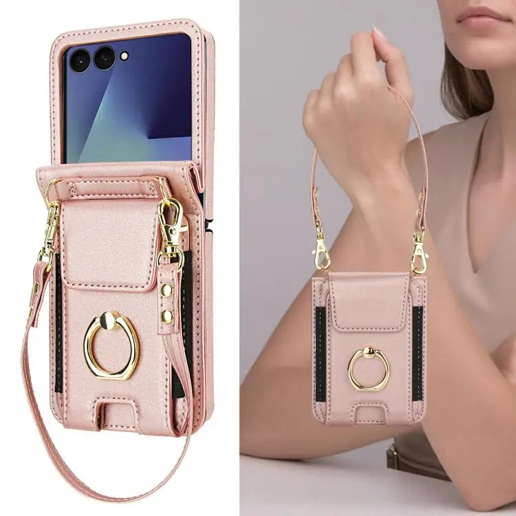 Voor Samsung Galaxy Z Flip7 5G Ringhouder Portemonnee Kaarthouder Leren Telefoonhoesje (Roségoud)