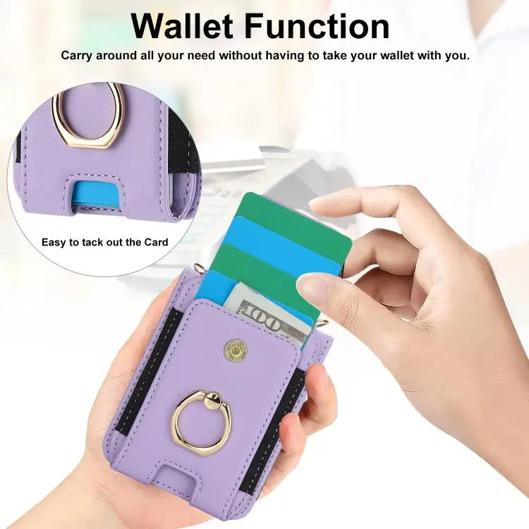 Voor Samsung Galaxy Z Flip7 5G Ringhouder Portemonnee Kaarthouder Leren Telefoonhoesje (Lichtpaars)
