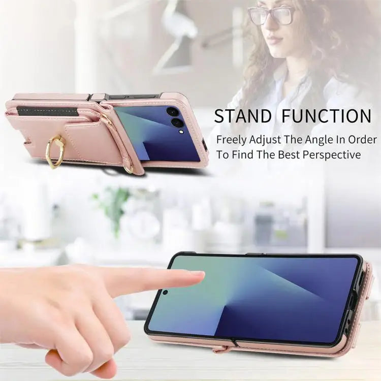 Voor Samsung Galaxy Z Flip7 5G Ringhouder Portemonnee Kaarthouder Leren Telefoonhoesje (Roségoud)