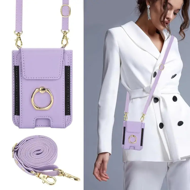 Voor Samsung Galaxy Z Flip7 5G Ringhouder Portemonnee Kaarthouder Leren Telefoonhoesje (Lichtpaars)