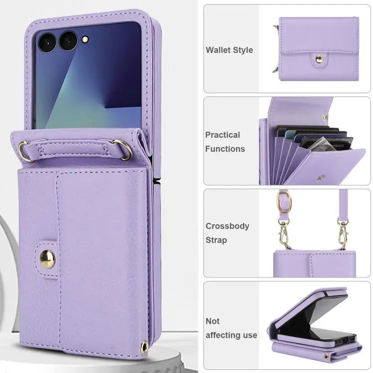 Voor Samsung Galaxy Z Flip7 5G effen kleur rugzak portemonnee kaartsleuf RFID PU telefoonhoesje (paars)